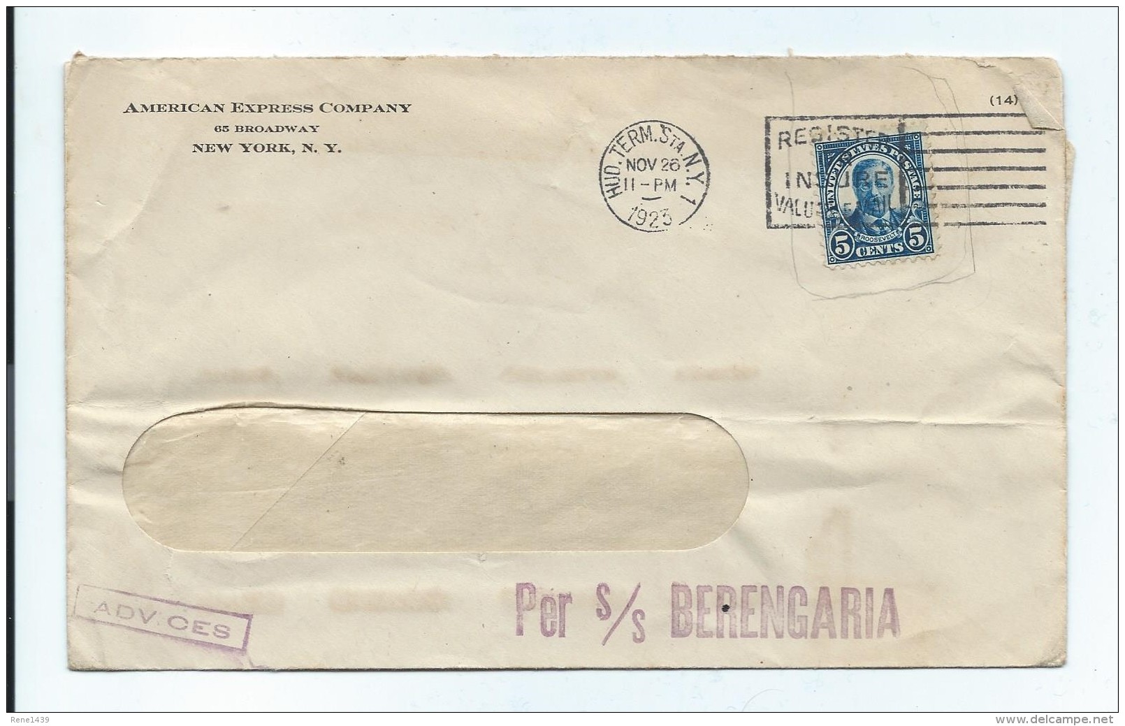 Cover  Per S/s Berengaria  Register Or Insure Valuable Mail  Advices - Lettres & Documents