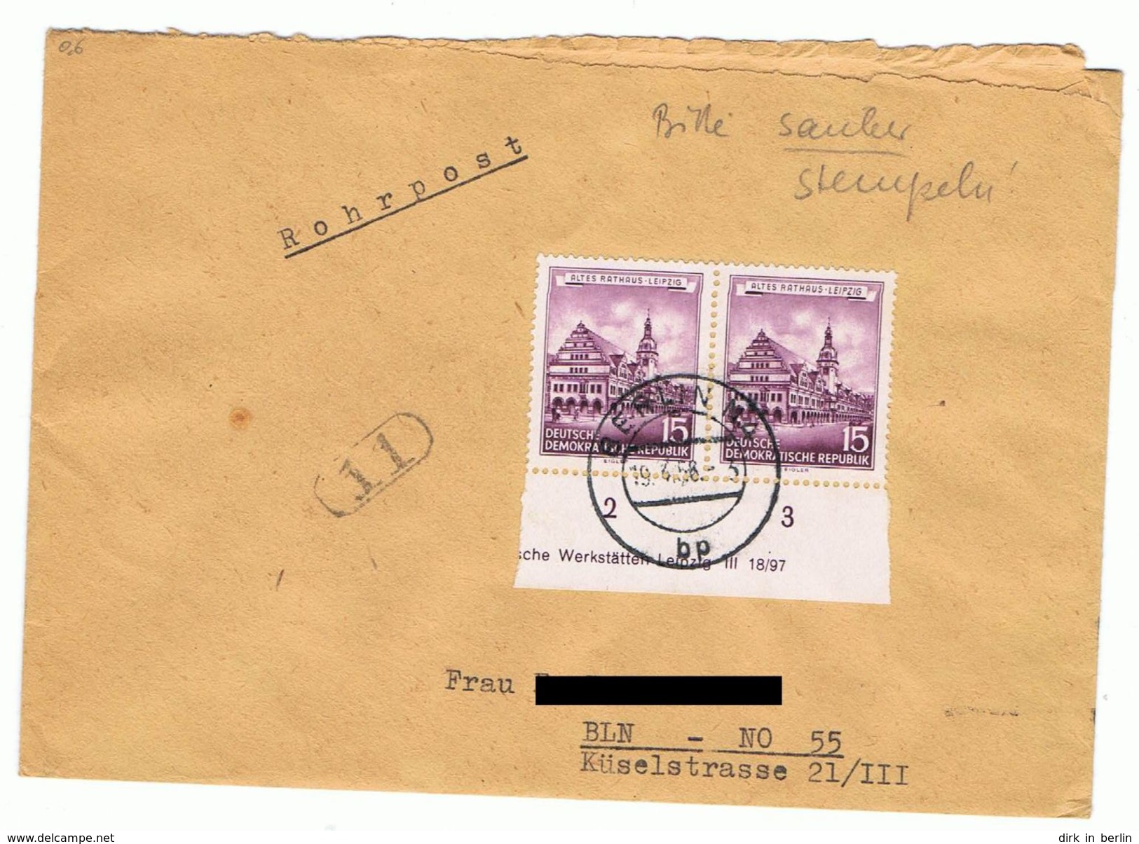 Cover D- DDR0124 Rohrpost # 1956 Berlin ¬ Mi 493 Eckrand DV! - Cartas & Documentos