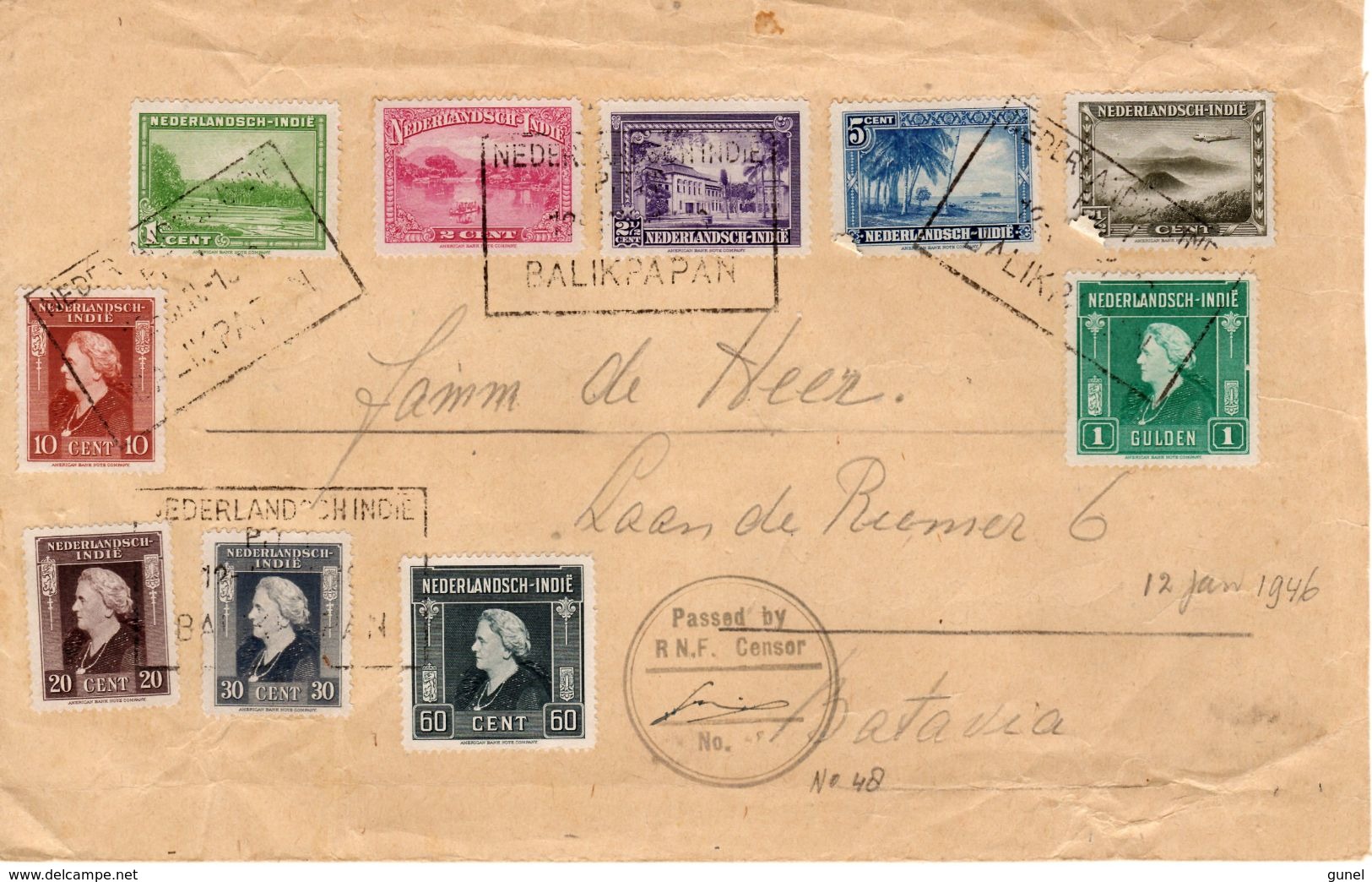 12 JAN1946  Brief Van BALIKPAPAN Naar Batavia Met Verschillende Waarden PASSED BY R.N.F. Censor No.48 - Niederländisch-Indien