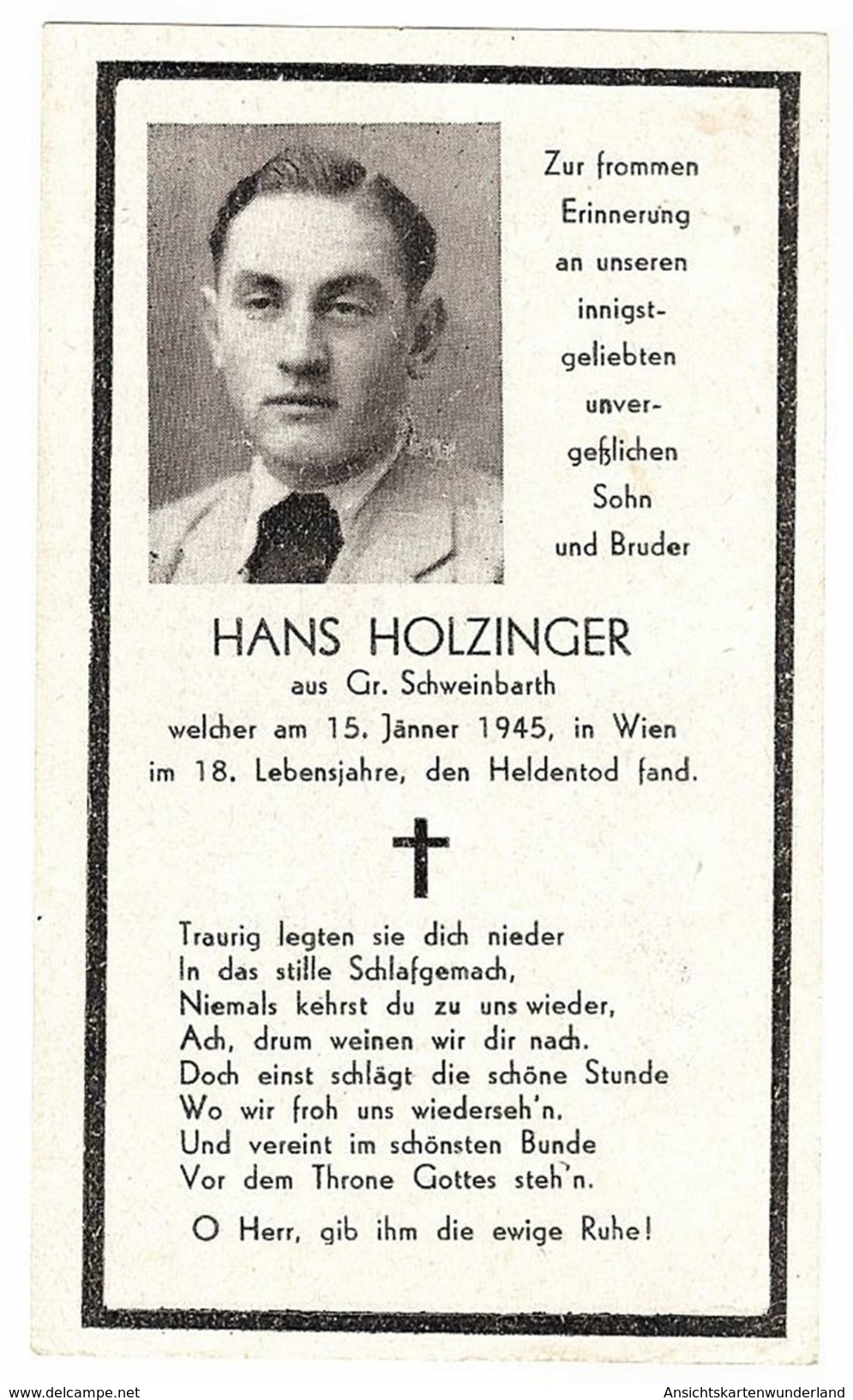 Sterbebild Hans Holzinger Aus Gr. Schweinbarth &ndash; 1945 Wien  ( 001182 ) - Sonstige & Ohne Zuordnung