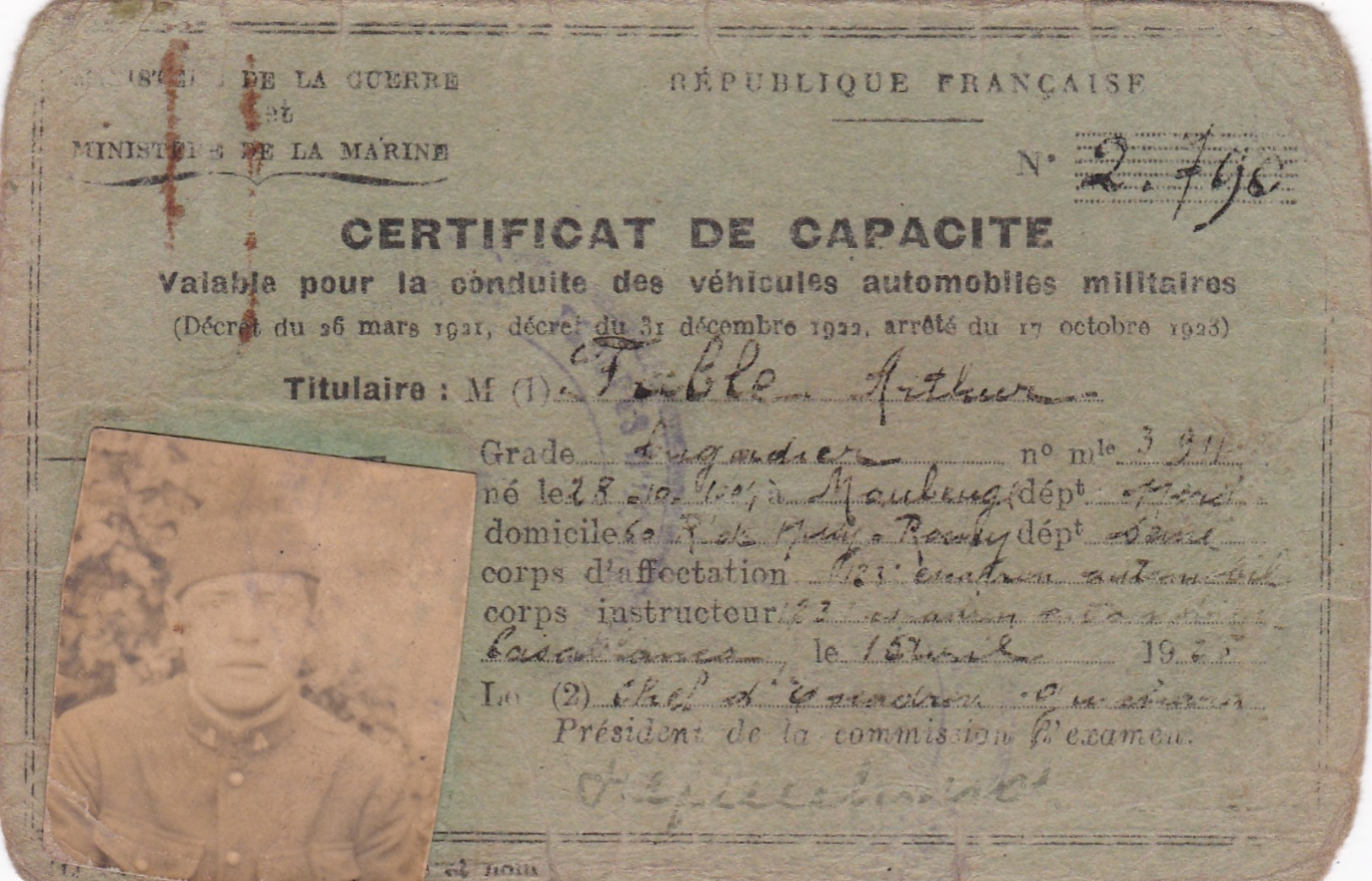 PERMIS DE CONDUIRE  :  CERTIFICAT DE CAPACITE  VALABLE  POUR LA  CONDUITE DES VEHICULES  AUTOMOBILES  MILITAIRES  1925 . - Altri & Non Classificati