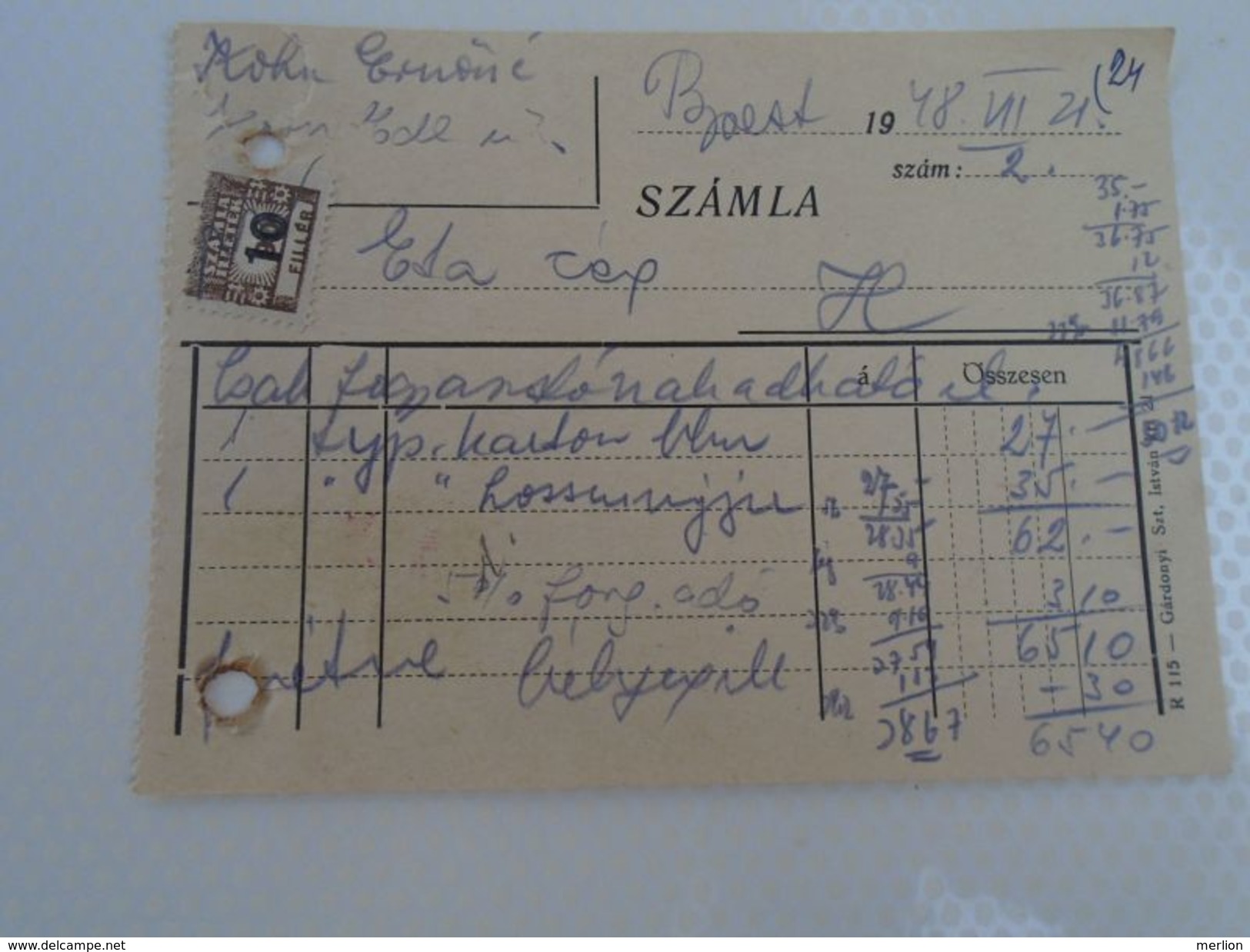 AD034.33  Hungary  Receipt  KOHN  Clothes - 1948 Eta Szalon Tax Stamp - Other & Unclassified