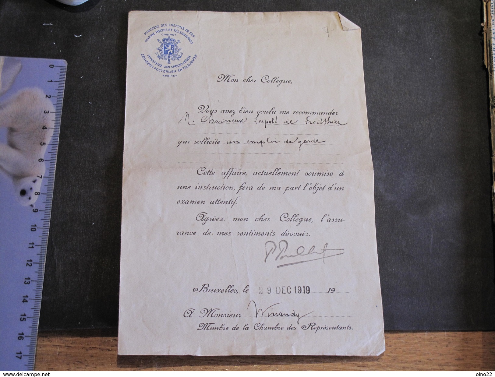 FROIDTHIER- Lettre De Recommandation De M WINANDY Relative à Un Emploi De Garde Pour CHAINEUX Léopold 29/128/19 - Manuskripte
