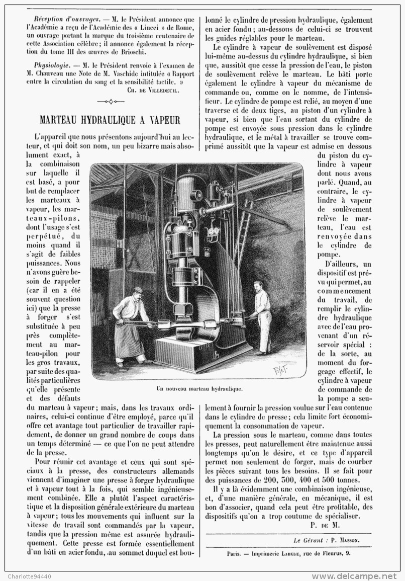 MARTEAU HYDRAULIQUE à VAPEUR  1904 - Autres & Non Classés