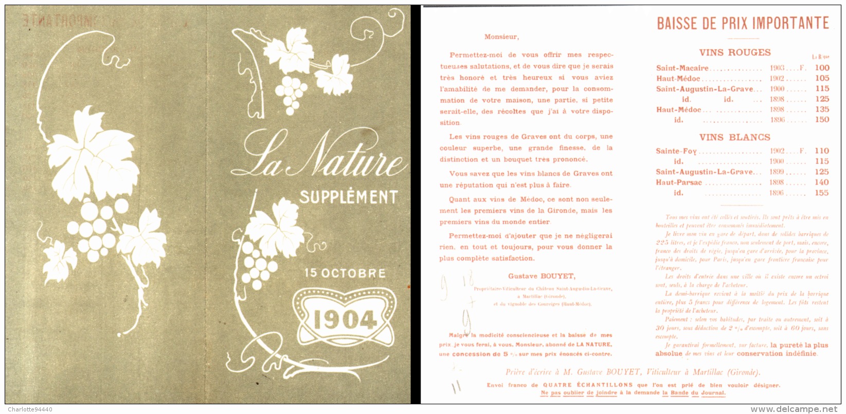 BROCHURE VINS  " GUSTAVE BOUYET " VITICULTEUR à MARCILLAC   ( GIRONDE ) 1904 - Vin