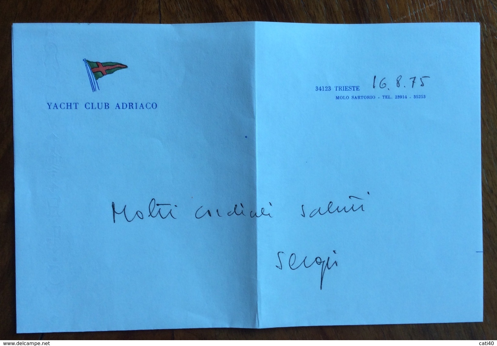 SPORT  VELA LETTERA INTESTATA YACHT CLUB ADRIATICO DEL 16/8/75  "molti Cordiali Saluti Sergio" - Pallavolo