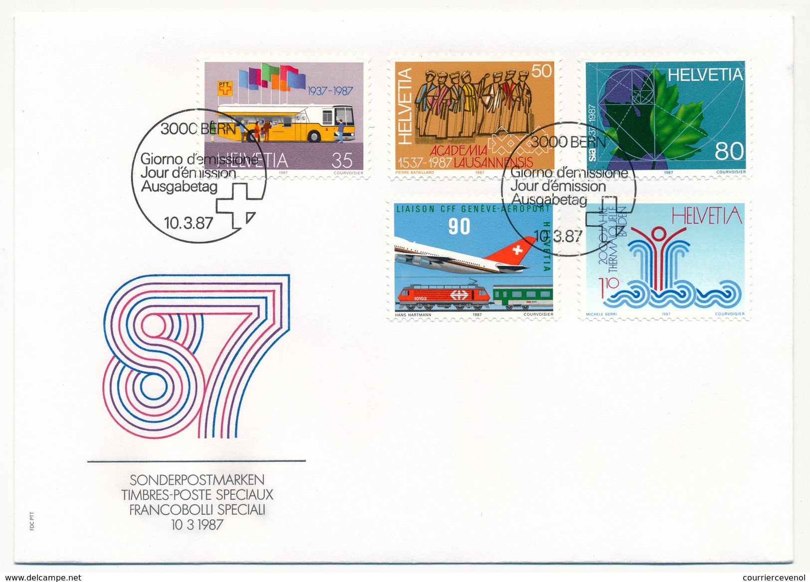 SUISSE - 6 Envel. FDC - Timbres Spéciaux 1987 - Poste Automobile, Académie Lausanne, Thermes Baden - Bern - 10/03/1987 - FDC