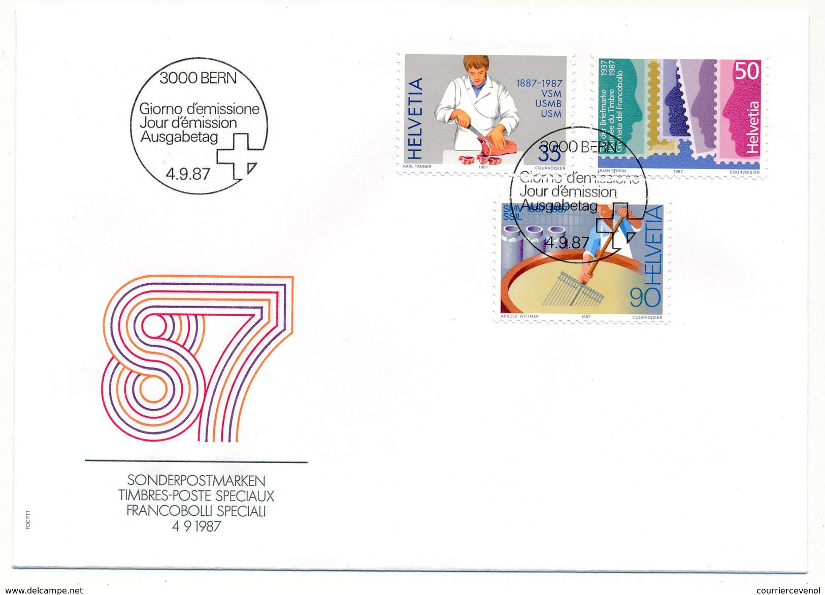 SUISSE - 4 Envel. FDC - Timbres Spéciaux : Maîtres Bouchers, Journées Du Timbre, Industrie Laitière - BERN - 4/09/1987 - FDC