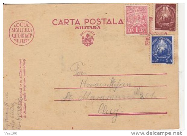 REVENUE STAMP, COAT OF ARMS, STAMPS ON MILITARY POSTCARD, 1948, ROMANIA - Covers & Documents