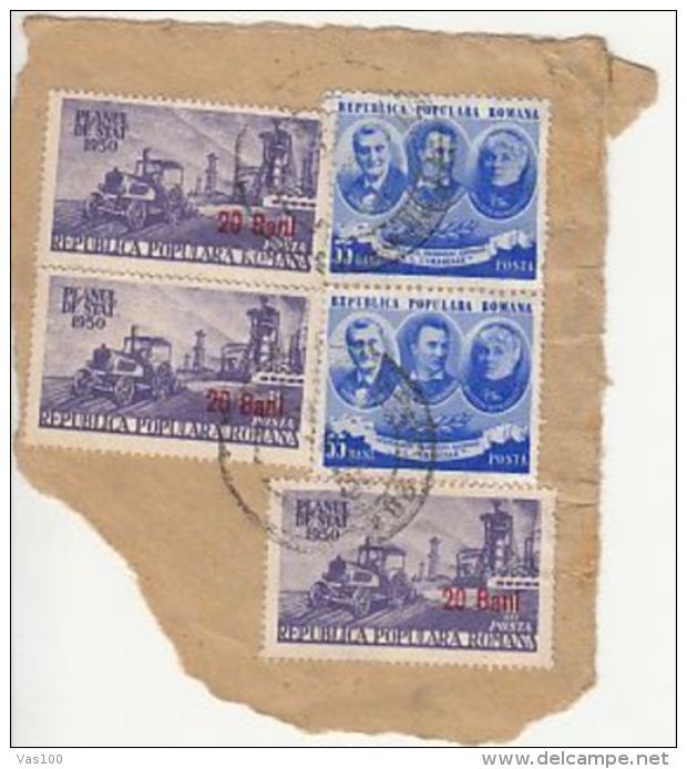 WRITERS, AGRICULTURE, INDUSTRY, OVERPRINT STAMPS ON FRAGMENT, 1950, ROMANIA - Cartas & Documentos