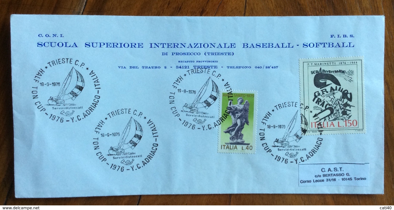 SPORT  BASEBALL PROSECCO TRIESTE  CONI SCUOLA SUP. INTERNAZIONALE BASEBALL - SOFTBALL  BUSTA CON ANNULLO VELA 18/9/76 - Baseball