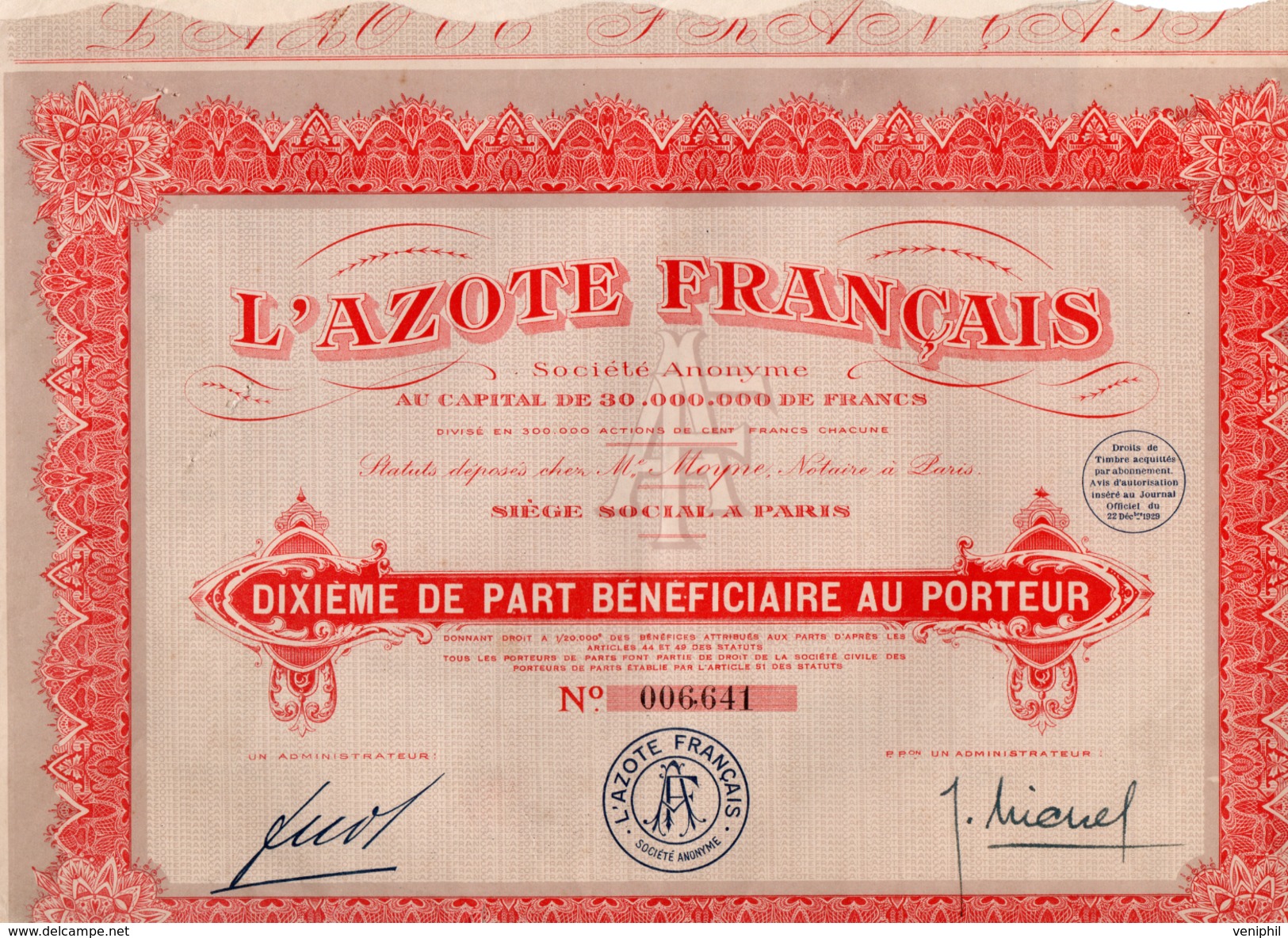 DIXIEME DE PART BENEFICIAIRE  - L'AZOTE FRANCAIS - 1929 - Sonstige & Ohne Zuordnung