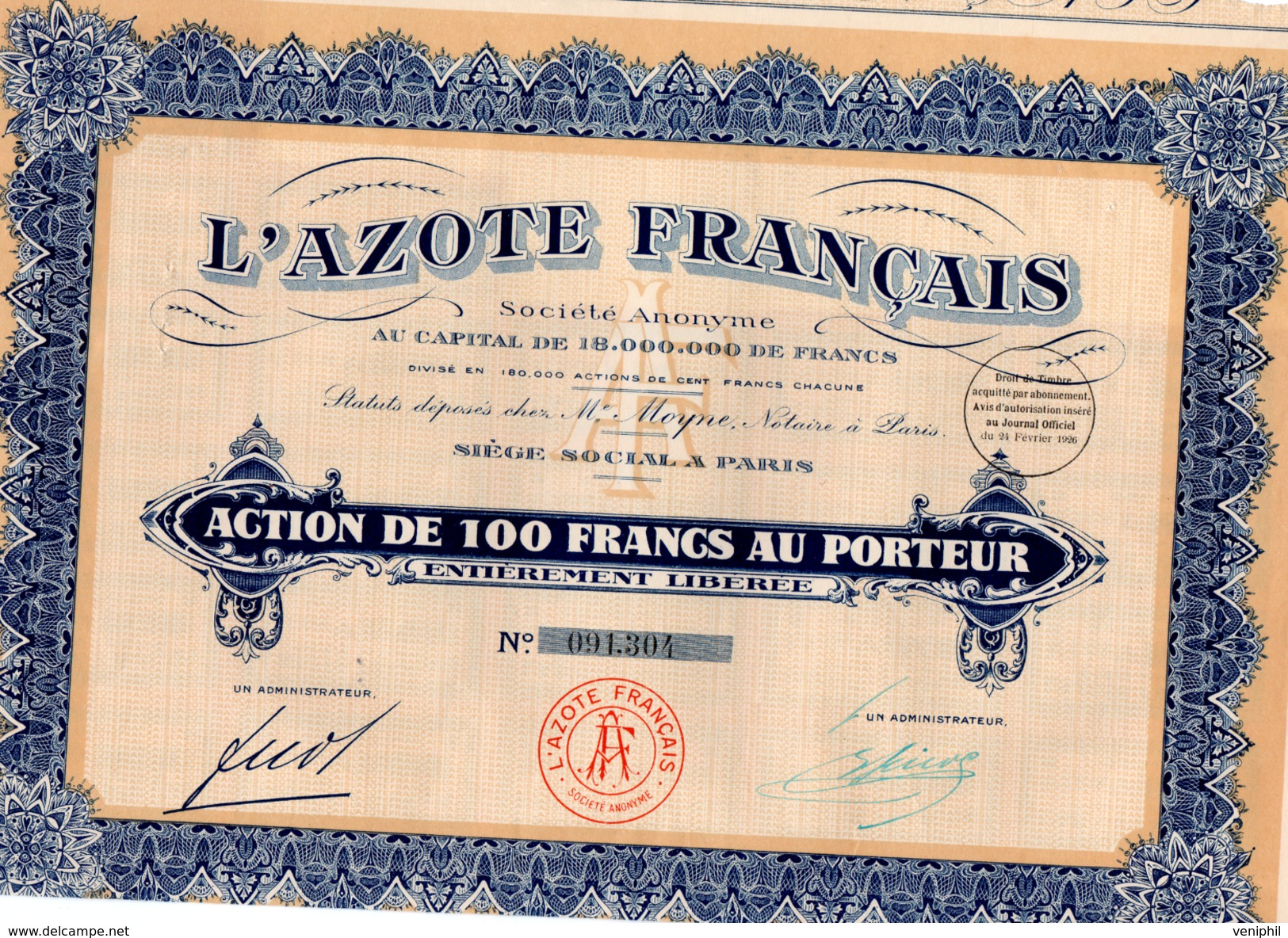 ACTION DE 100  FRANCS   - L'AZOTE FRANCAIS - 1926 - Autres & Non Classés