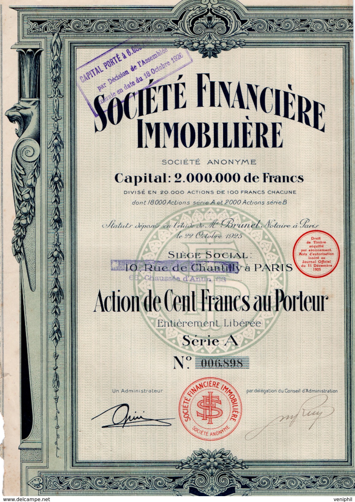 ACTION DE 100  FRANCS   - SOCIETE FINANCIERE IMMOBILIERE  1925 - Sonstige & Ohne Zuordnung