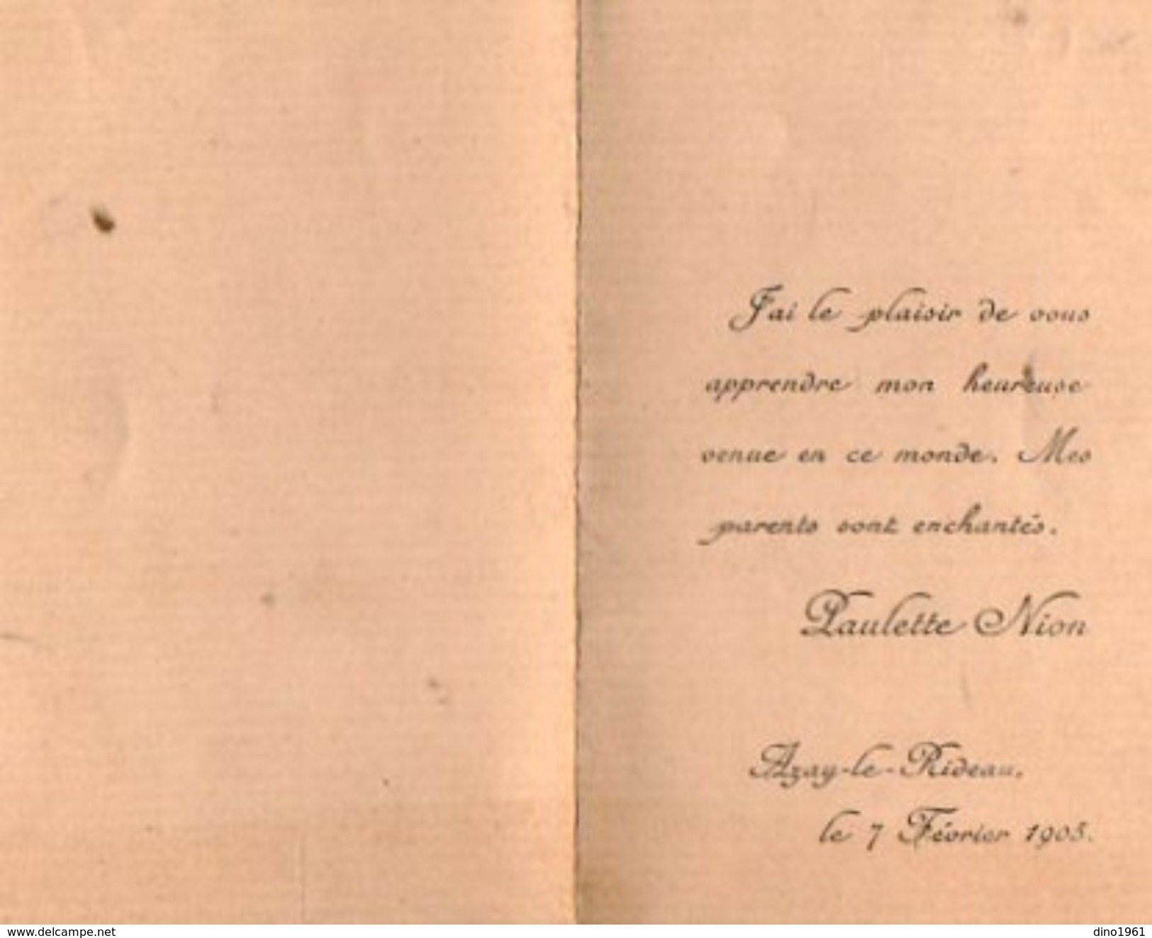 VP10.669 -1905 - Faire - Part De Naissance De Paulette NION à AZAY LE RIDEAU - Nascita & Battesimo