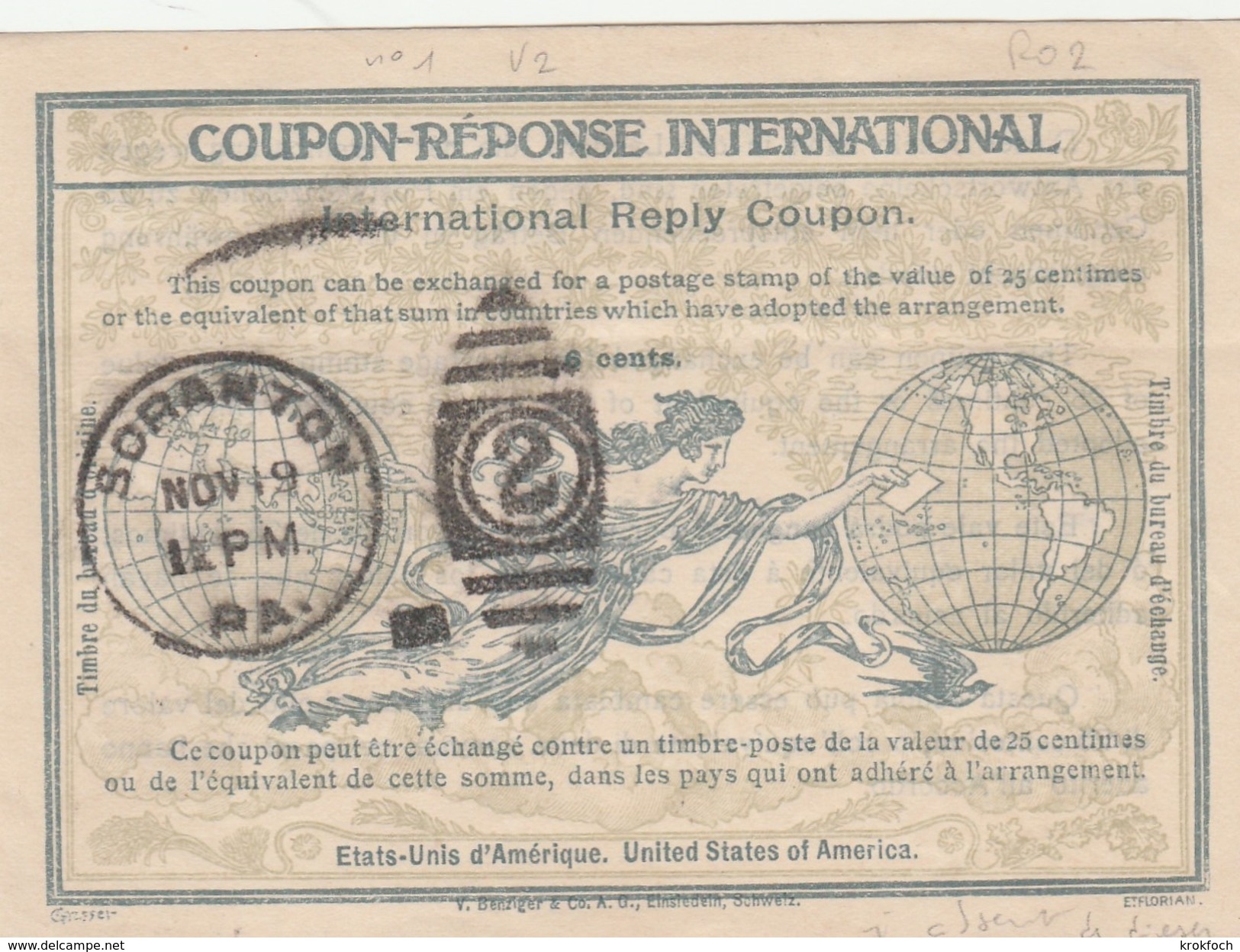 Coupon Réponse USA 6 Cents Soranton - Type RO2 Avec Variété : Pas De I Au Verso Dans Dieser - IRC CRI IAS - Other & Unclassified