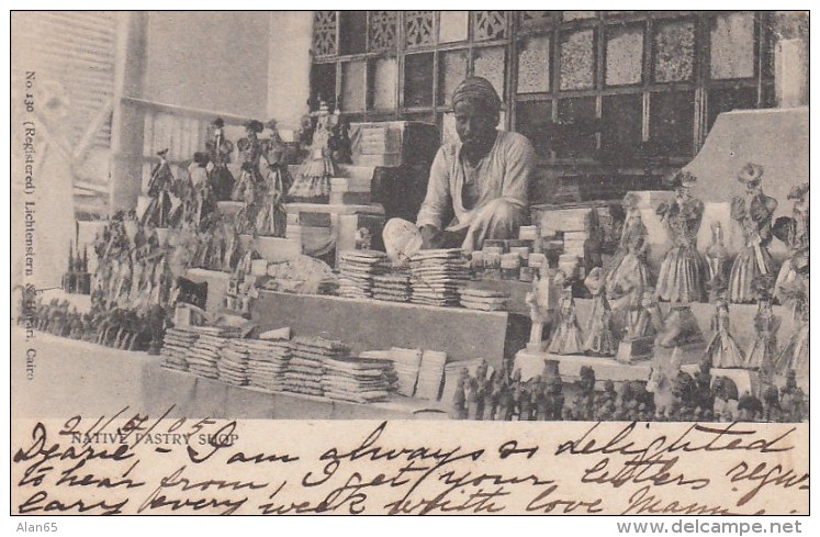 Cairo Egypt Pastry Shop, Street Vendor Merchant Open-Air Shop, C1900s Vintage Postcard - Vendedores Ambulantes