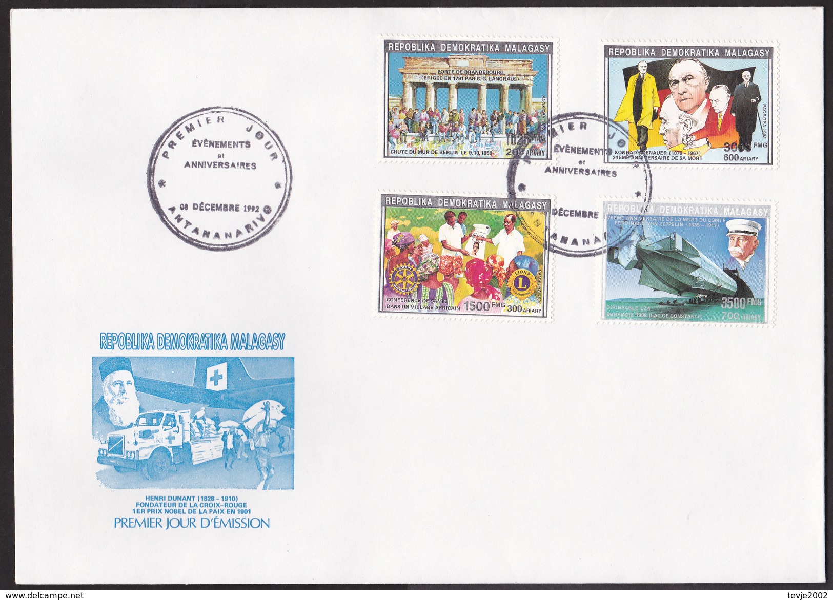 Kc_ Madagaskar - Mi.Nr. 1391 - 1396 II + Bl. 194 II - Ersttagsbrief FDC - Mozart Adenauer De Gaulle Zeppelin Rotes Kreuz - Madagascar (1960-...)