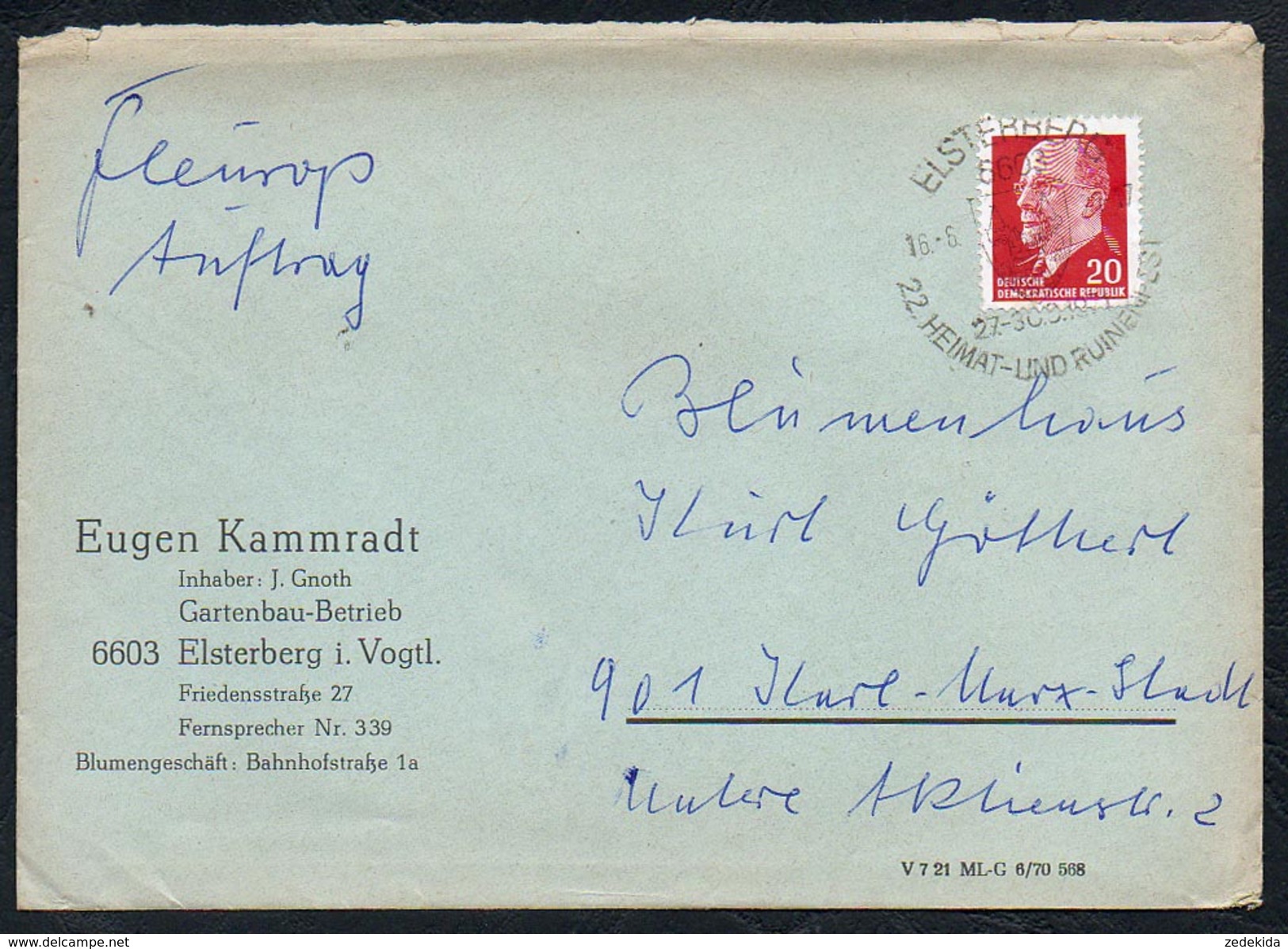 3347 - Beleg Brief - Bedarfspost - Gel 1971 - Elsterberg - Eugen Kammradt - Gartenbau Betrieb - Lettres & Documents