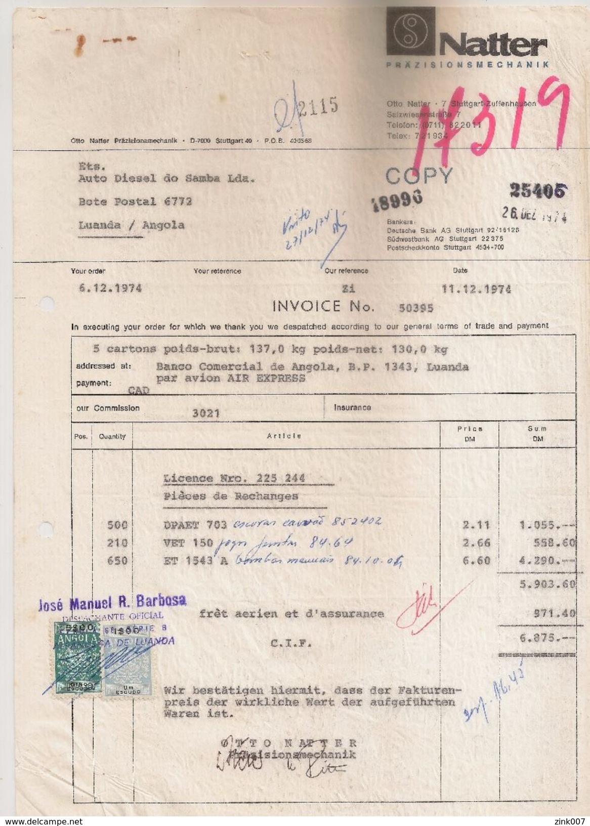 Invoice Germany - Stuttgart - Fatura - 1974 - Angola Fiscal Stamps - Natter - 1950 - ...