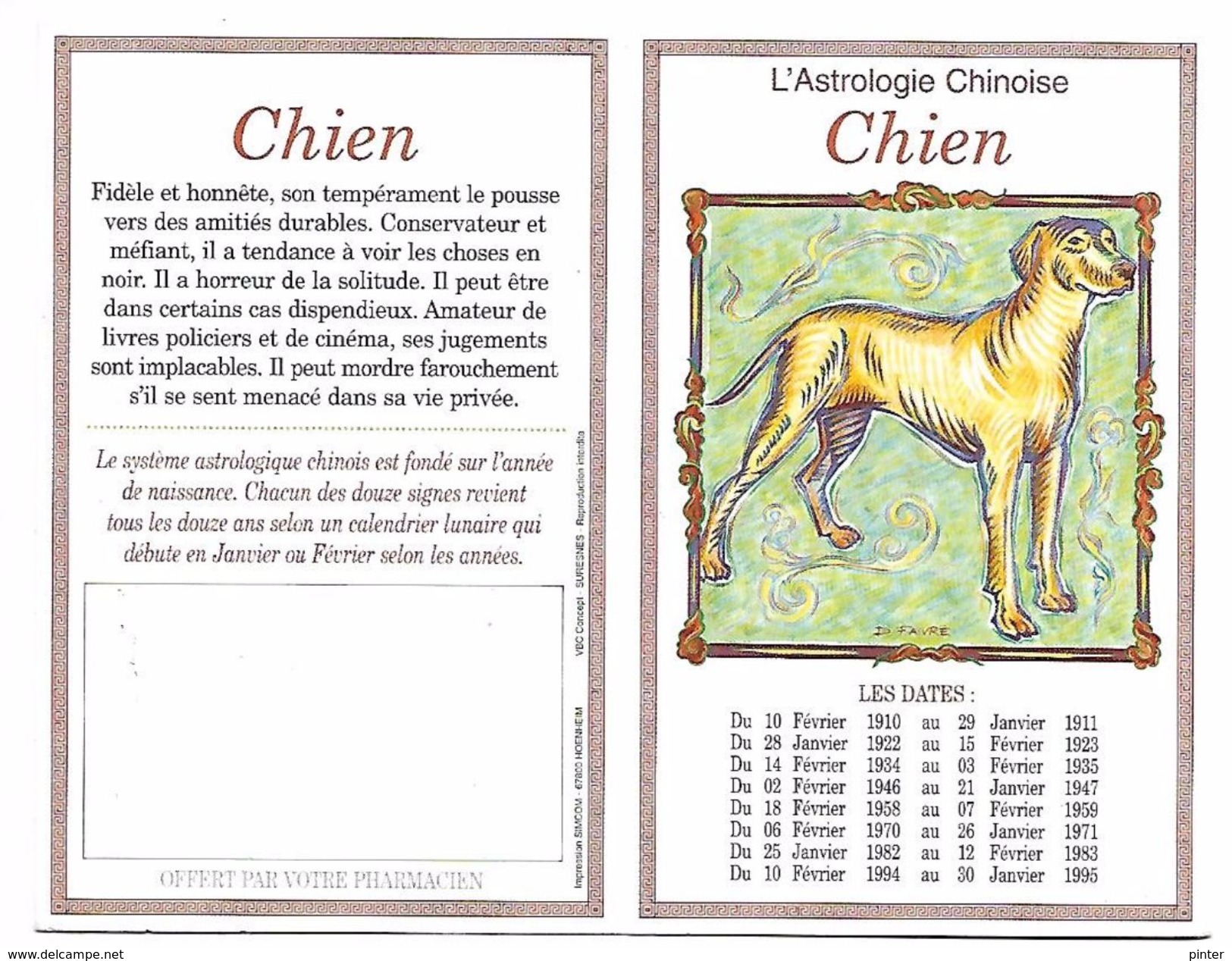 CALENDRIER  1999 - Format 10 X 13 Cm -  L'astrologie Chinoise CHIEN - Petit Format : 1991-00