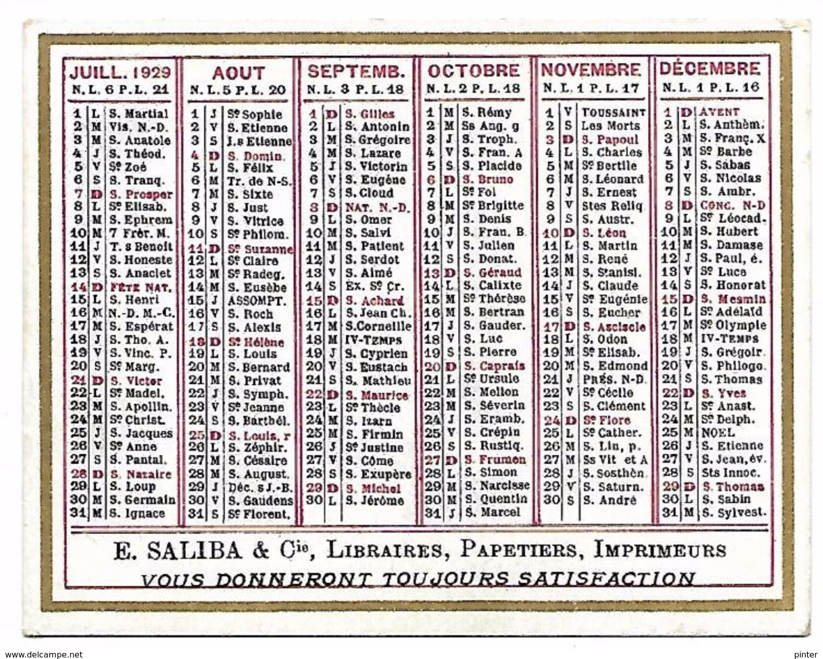 CALENDRIER 1929 - Format 9 X 7 Cm - Petit Format : 1921-40