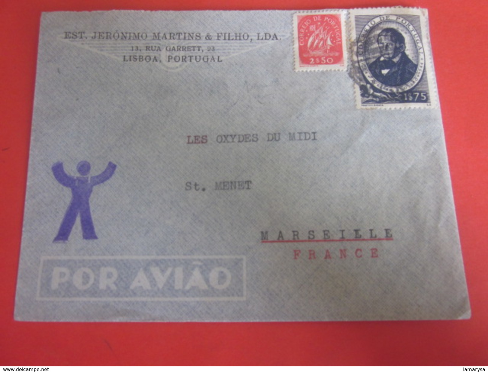 Corréio De Portugal-Lisboa Lisbonne Letter-Lettre Stamp Timbre By Air Mail Par Avion Via Aéra Por Aviao Marseille - Lettres & Documents