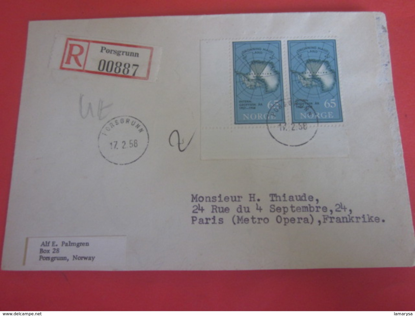 Porsgrunn Norge Norvège-1958 Lettre Document Letter Registered Recommandé Stamp Timbre By Air Mail Par Avion Paris FR - Covers & Documents