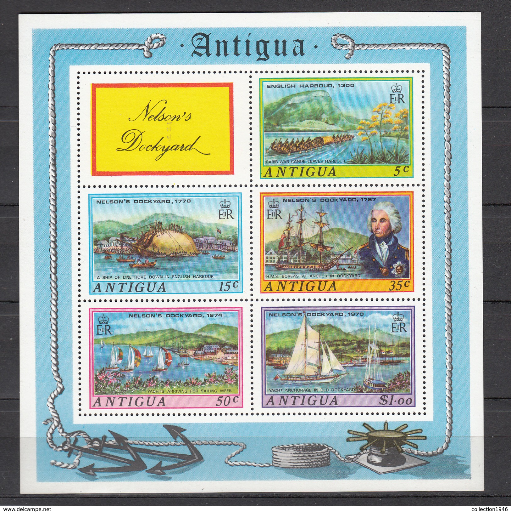 Antigua 1975,5V In Block,Nelson's Dockyard,ships,schepen,schiffe,navires,naves,boot,boat,bateau,barco,barca(L3150) - Boten