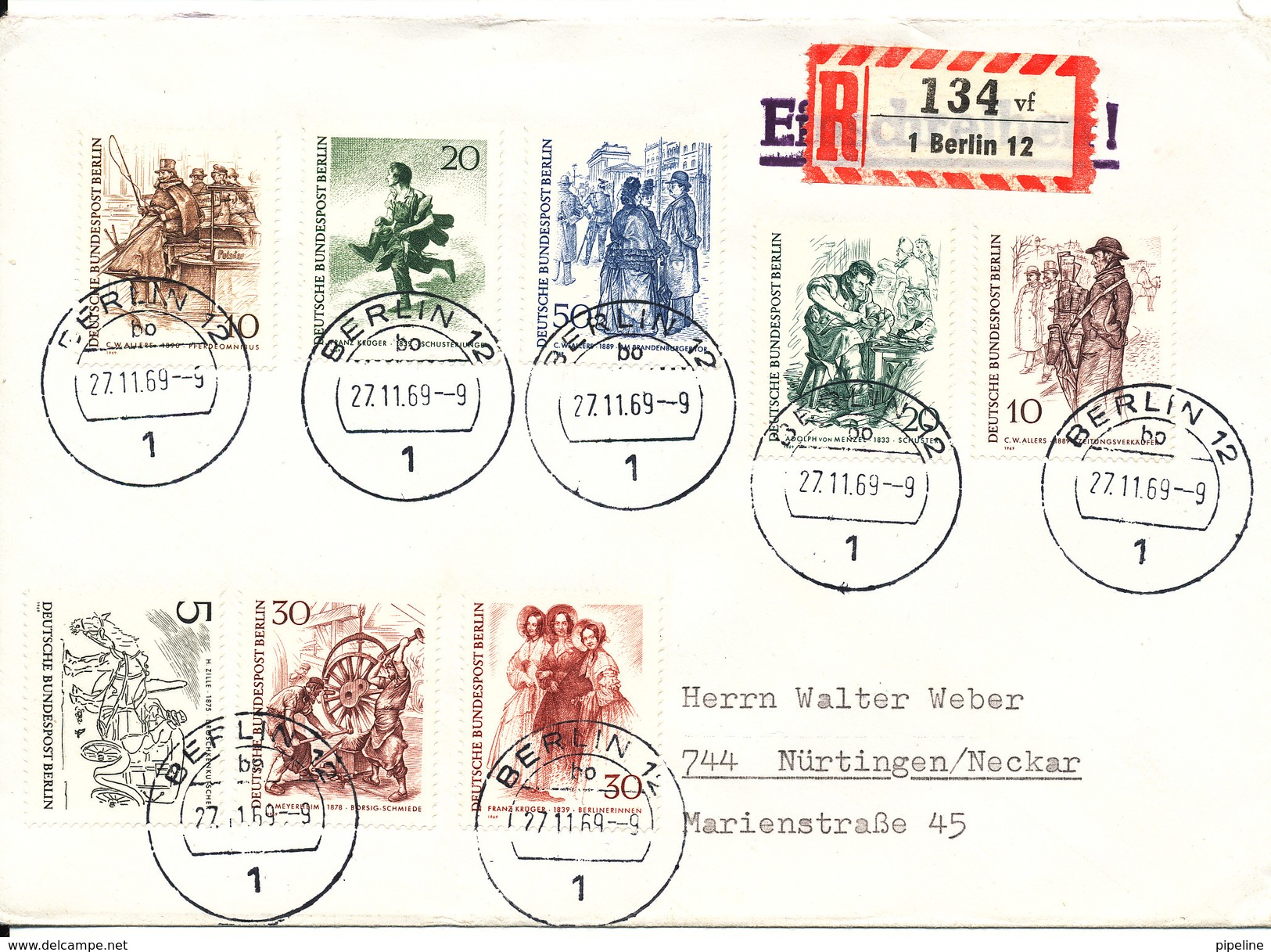 Germany Berlin Registered Cover Sent To Nürtingen 27-11-1969 With Complete Set Of 8 Stamps - Blocks & Sheetlets