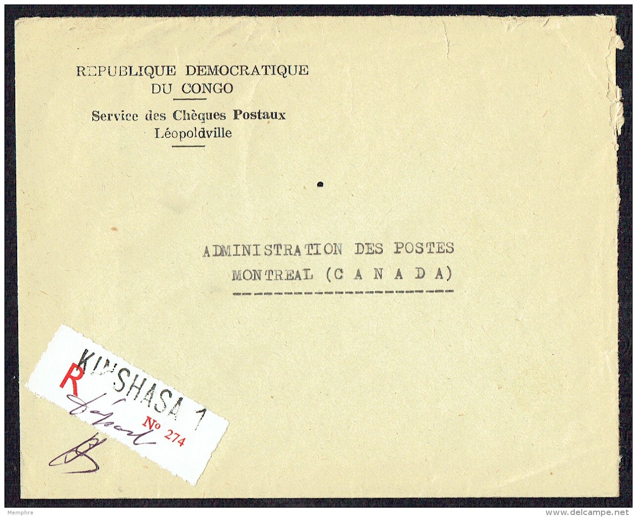 1968  Lettre Recommandée Du Service Postal Pour Le Canada - Non Affranchie - Used