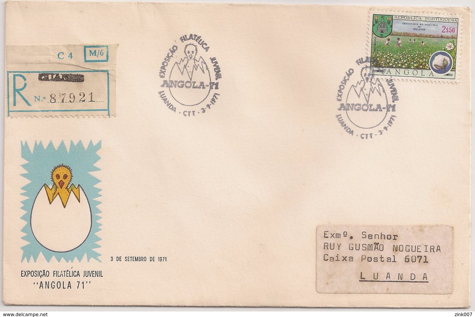 Angola Registered Cover Circulated To Luanda - 1971 - Stamp County Malange - Philatelic Youth Exhibition - Angola