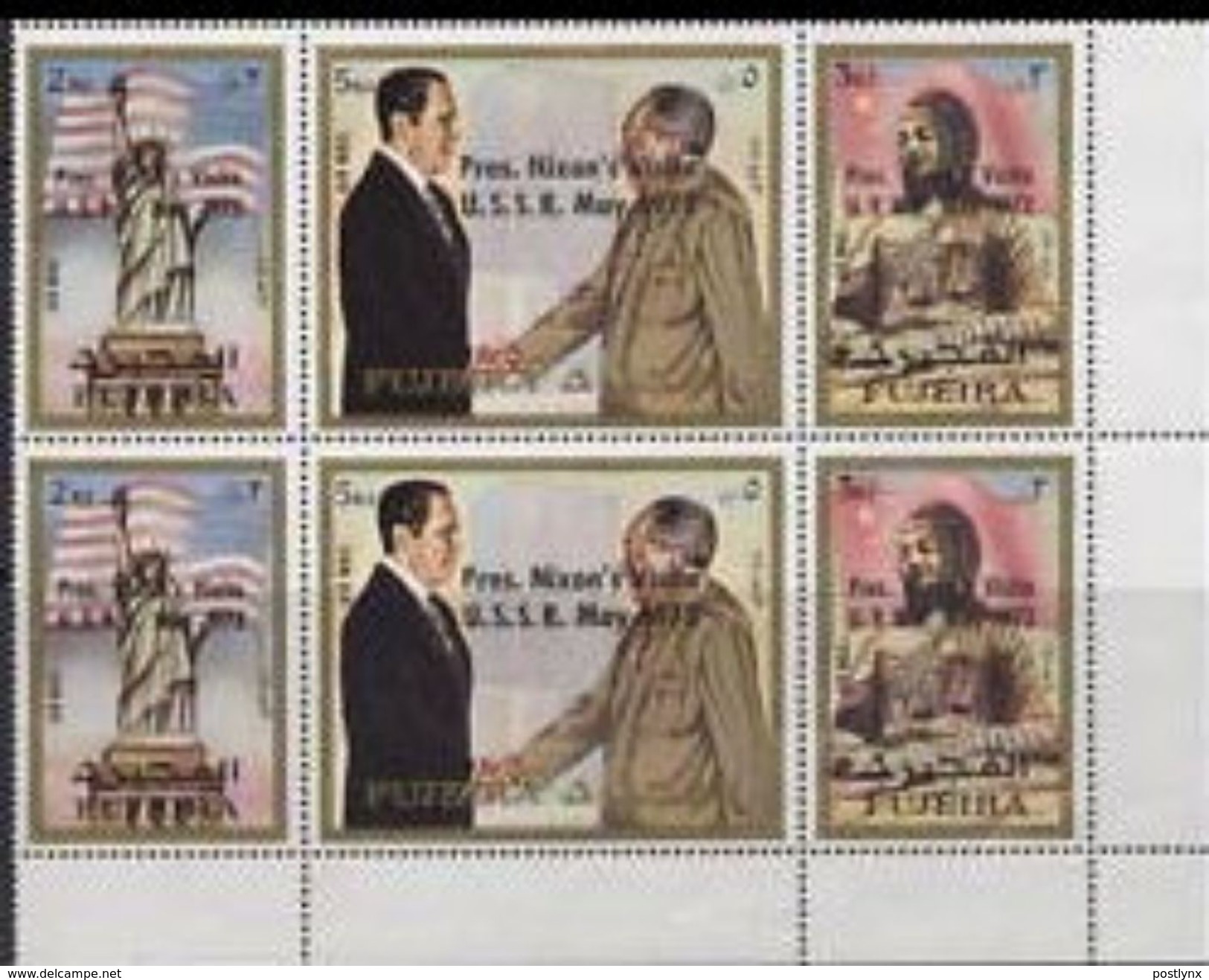 FUJEIRA 1972 Nixon Mao Tse Tung Buddha OVPT:USSR CORNER 6-BLOCK  [Aufdruck,surimprimé,sobreimpreso,soprastampato,opdruk] - Mao Tse-Tung