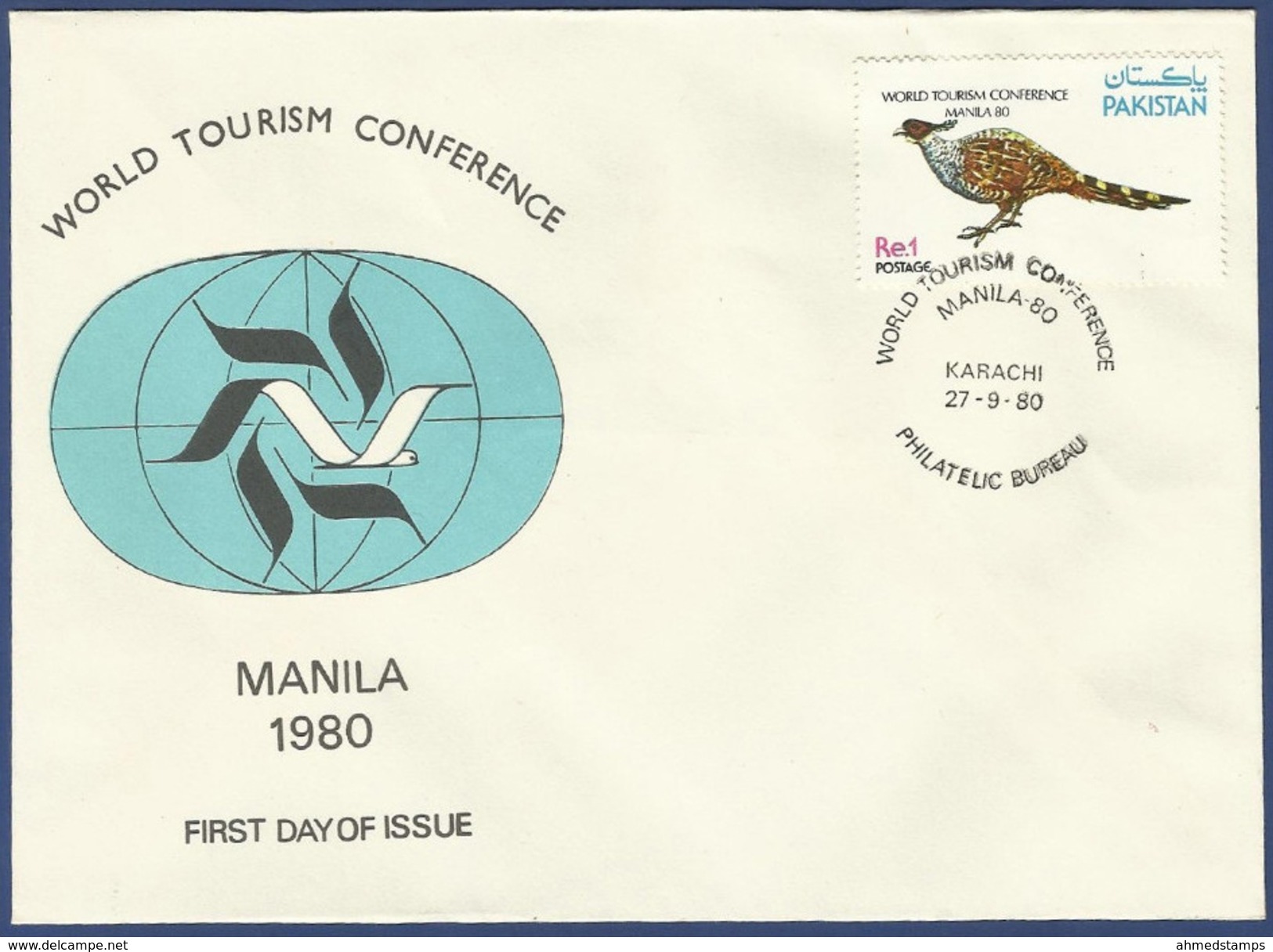 PAKISTAN 1980 MNH  FDC FIRST DAY COVER WORLD TOURISM CONFERENCE MANILA,PHILLIP INES.CHEER  PHEASANT BIRD WILDLIFE - Pakistan