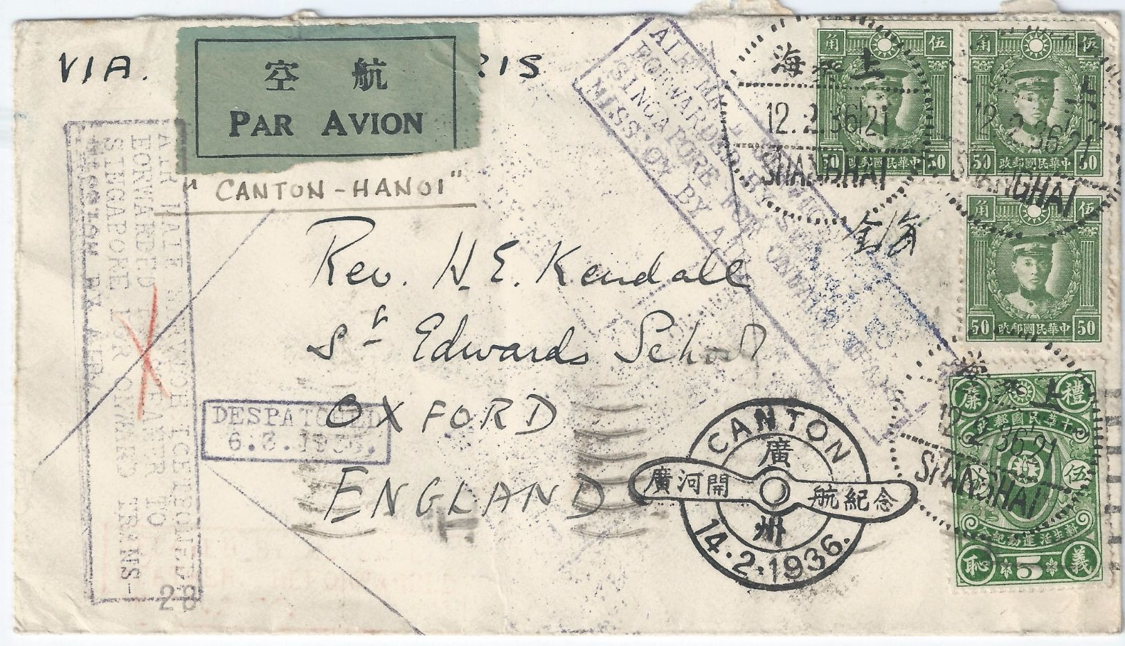 CHINA Canton-Hanoi Cover With Canton Postmark 14.2.1936 To England Via Paris Multiple Cachet/handstamps - Awesome - Other & Unclassified