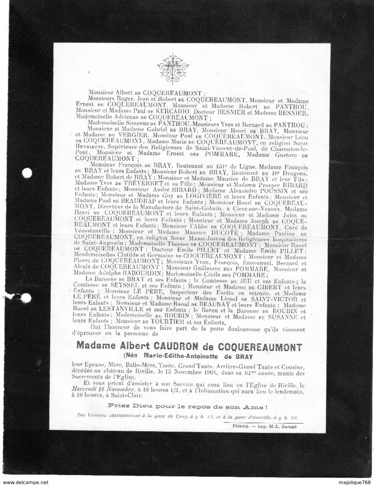 Faire-part De Décès - Madame Albert Caudron De Coquereaumont(née Marie-édithe-antoinette De Bray Décédée Au Château - Obituary Notices