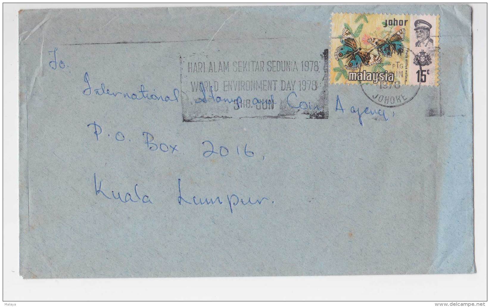 Malaysia Harrison Butterflies Johore 15c 1978 Letter Postal Cover History Sultan - Malasia (1964-...)