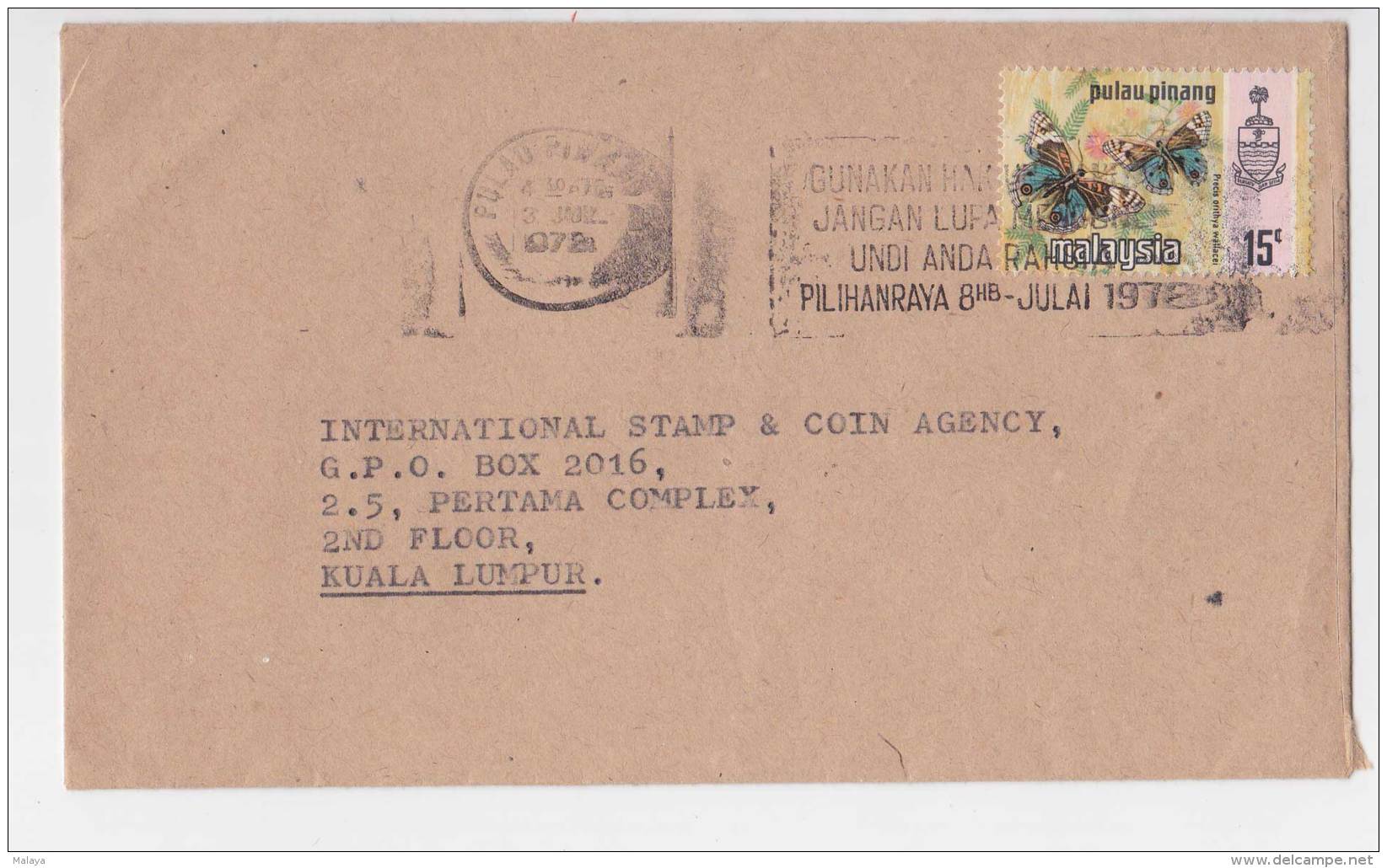 Malaysia Butterflies 15c 1971-1978 Letter Postal Cover History Penang Stamp - Malaysia (1964-...)