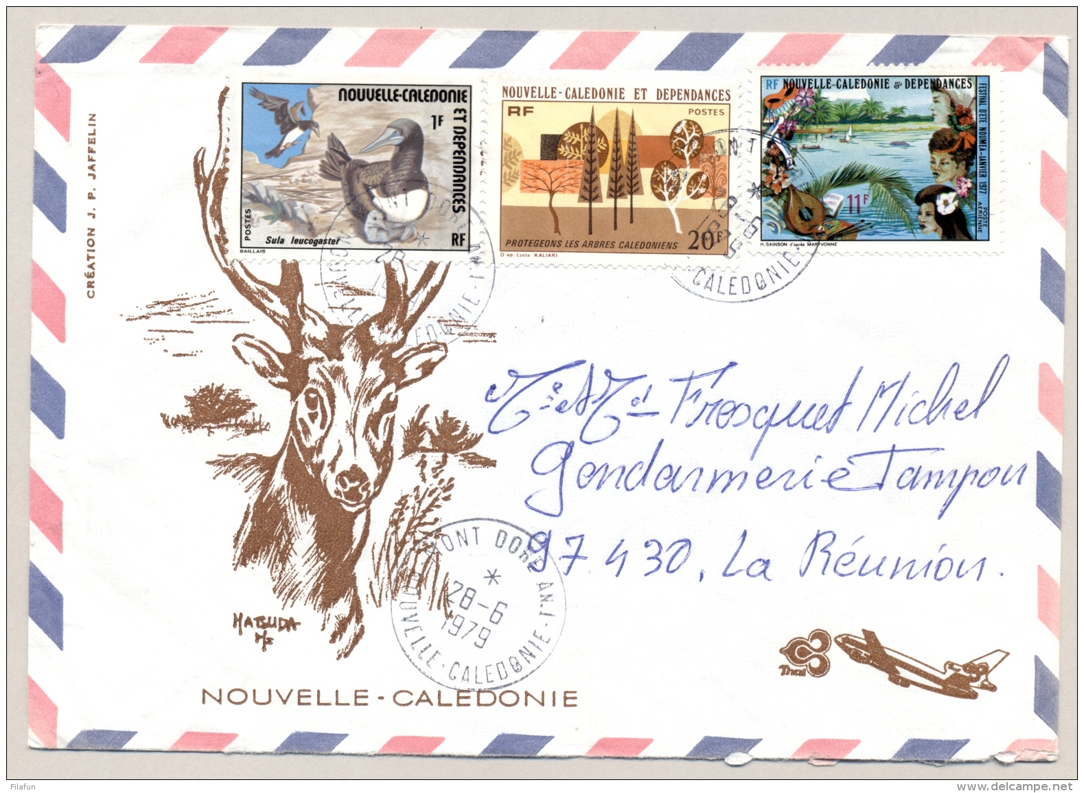 Nouvelle Caledonie - 1979 - 3 Stamps On Cover From Mont Dore To Tampon / La Reunion - Brieven En Documenten