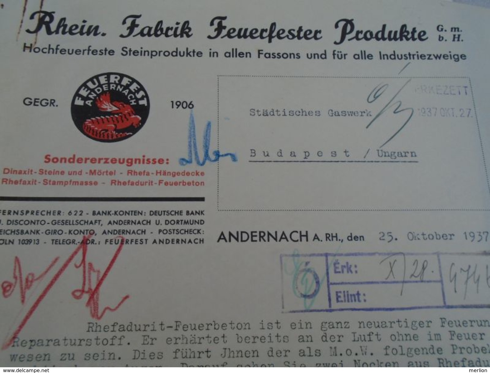 AD036.02  Germany Old Invoice -Rechnung -  Andernach Am Rhein - Feuerfester Produkte Heat-Resistent Products - 1937 - 1900 – 1949