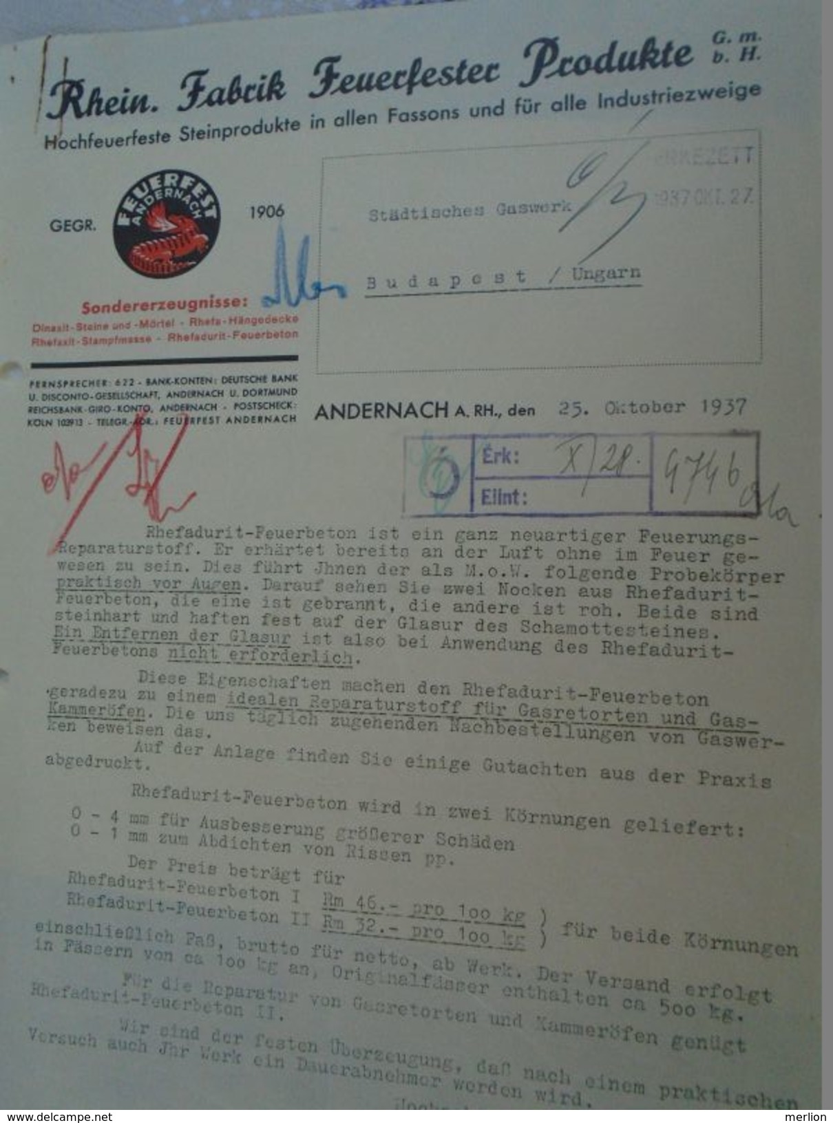 AD036.02  Germany Old Invoice -Rechnung -  Andernach Am Rhein - Feuerfester Produkte Heat-Resistent Products - 1937 - 1900 – 1949