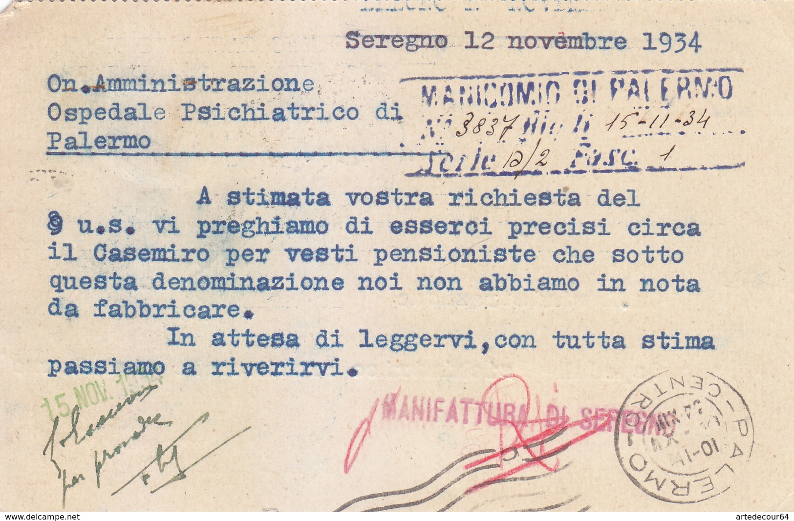 01 - Manifattura Di Seregno / Palermo Isolato 30 Centesimi - 1934 - Storia Postale