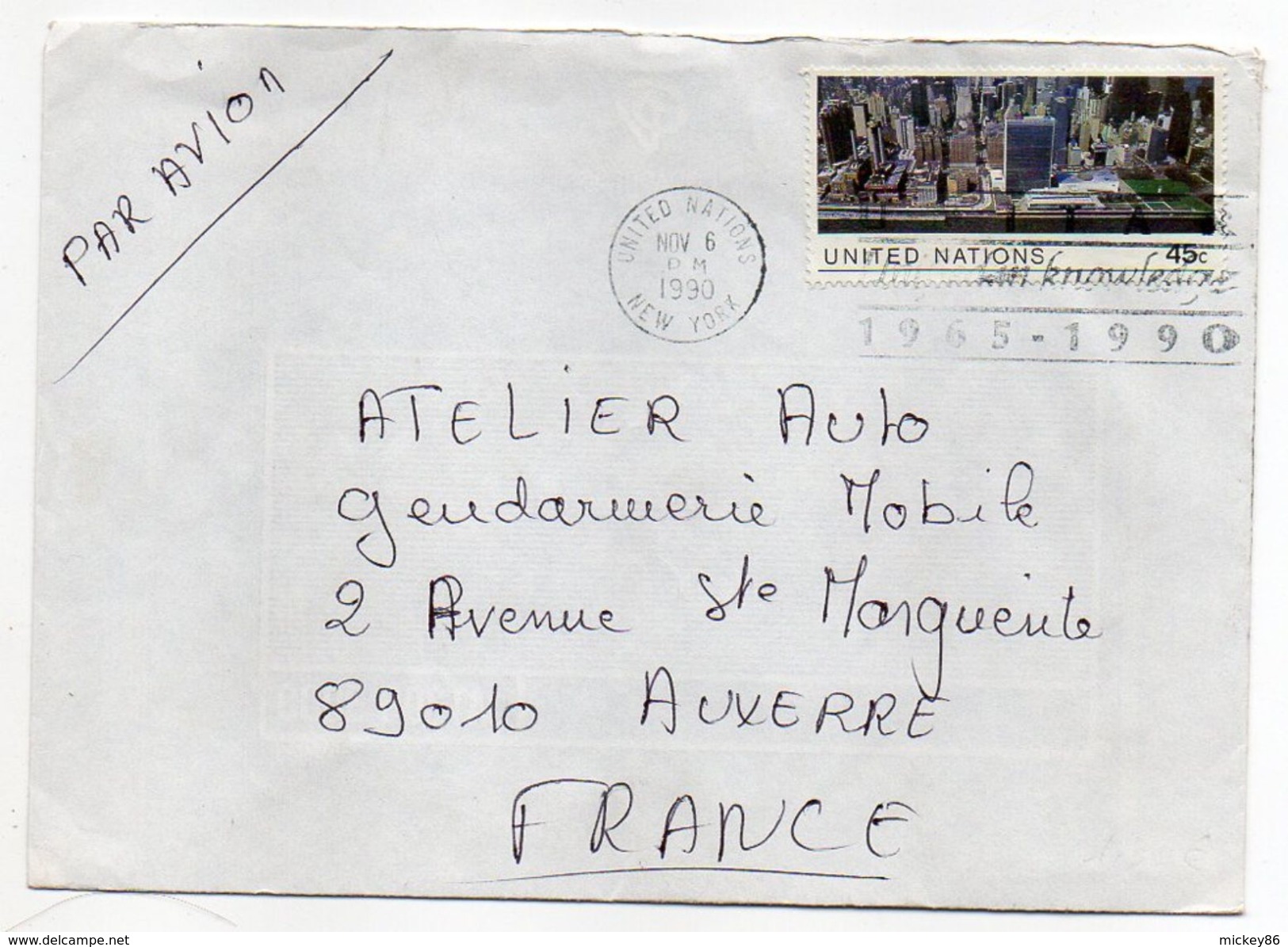 Nations Unies--1990--Lettre De New-York Pour Auxerre (France)--timbre Vue Aérienne De N-Y Seul Sur Lettre - Covers & Documents