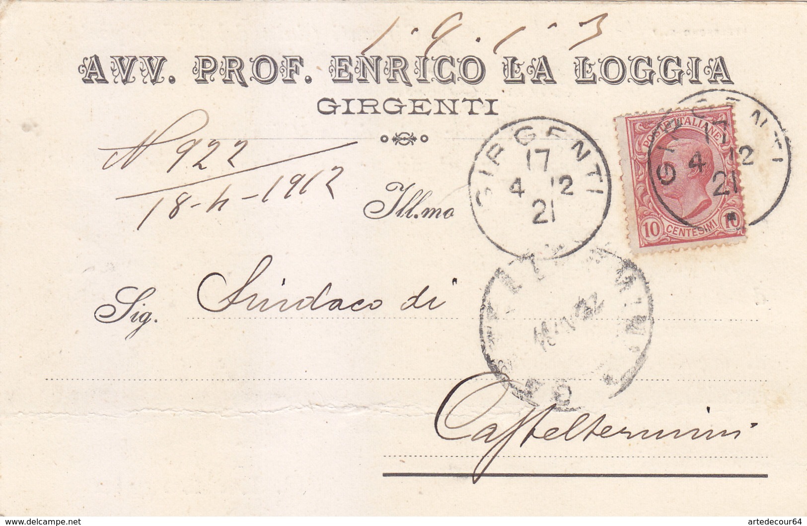 04 - Avv Prof Enrico La Loggia - Commerciale Affr Leoni 10 Cents Isolato - Girgenti - Storia Postale