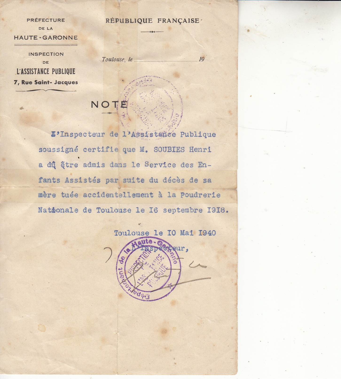 Assistance Publique-admis Service Enfants Assistés Par Suite Du Décès De Sa Mere.......-état-130 Mmx210mm - 1914-18