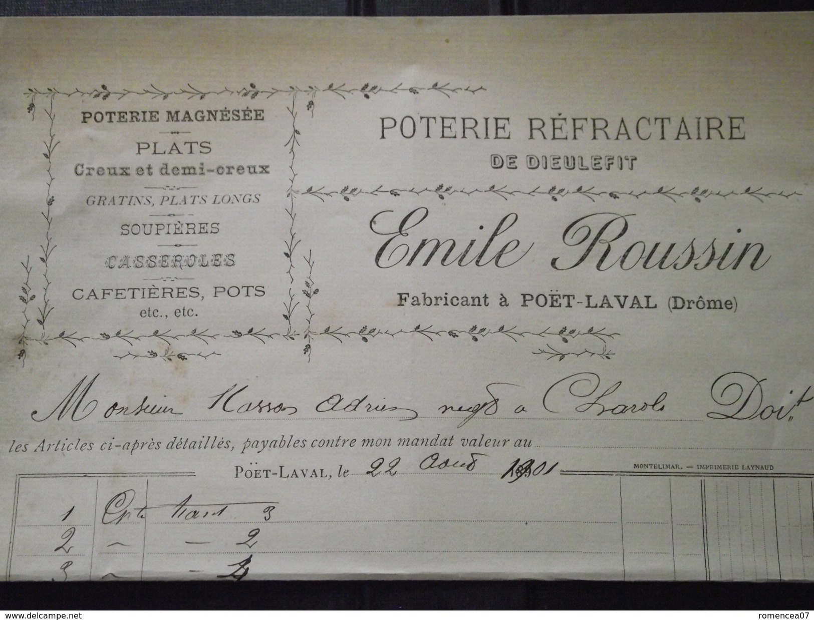 POËT-LAVAL (Drôme) - Facture - E; ROUSSIN - Poterie - Vers St-JEAN-de-MAURIENNE (Savoie) - 22 Août 1901 - Otros & Sin Clasificación