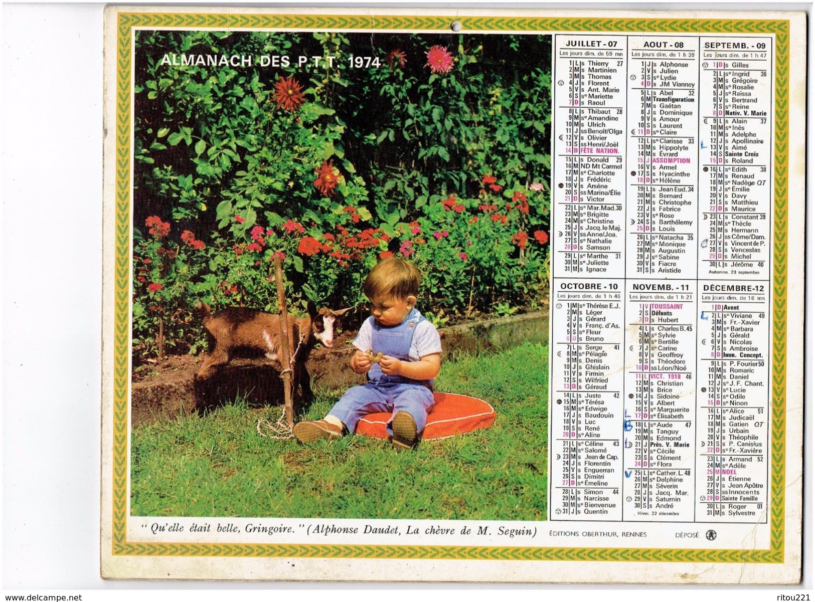 Grand Calendrier Almanach P.T.T. Facteur - 1974 - Bébé Garçon Petite Chèvre Biquette Raisin / Chien Et Ses Chiots - - Grand Format : 1971-80