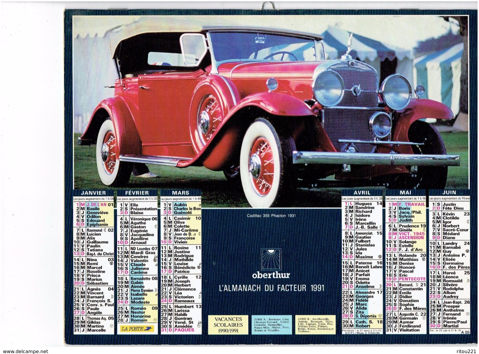 Grand Calendrier Almanach P.T.T. Facteur - 1991 - VOITURE GROS PLAN Bugatti 57 // Cadillac 355 Phacton 1931 - Grand Format : 1991-00