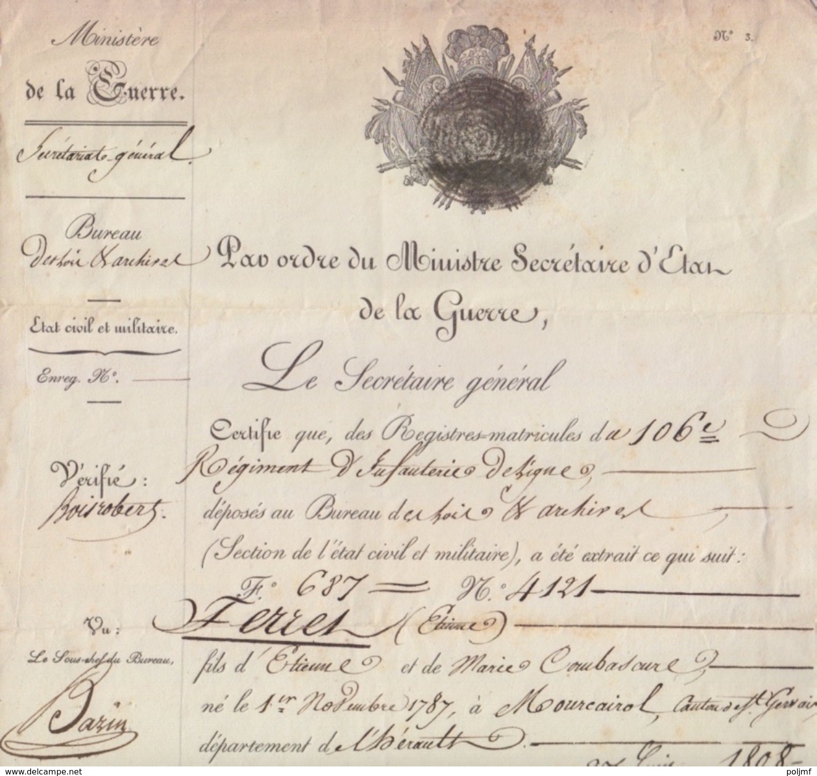 Certificat De Disparition Pendant La Retraite De Russie En 1812, établi Par Le Ministère De La Guerre Le 25 Sept 1833 - Historical Documents