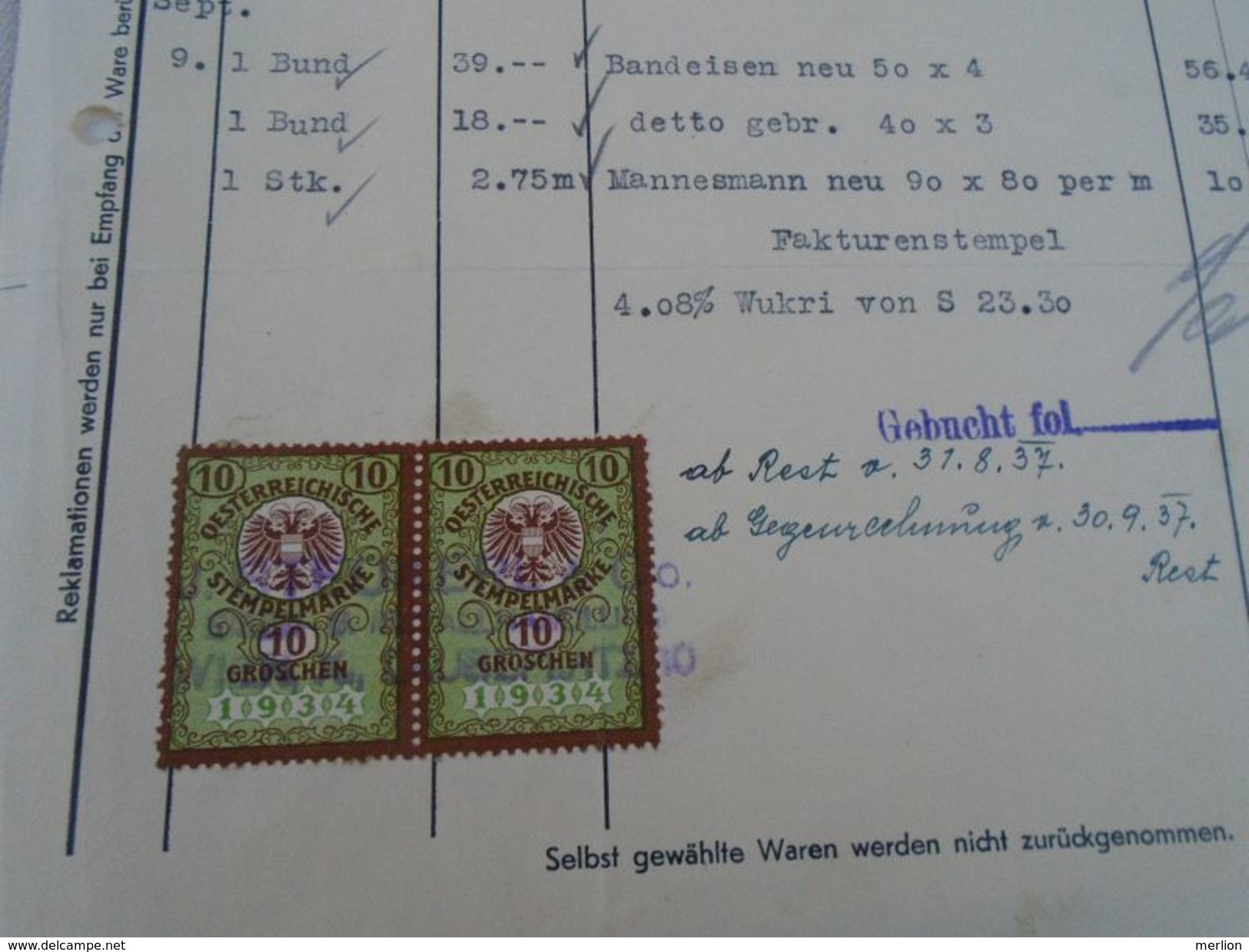 AD036.18 Old Invoice Austria -Wien -J.Steckerl  -Eisen Und Metalhandlung - Faktura -1937 -tax Stamp - Oostenrijk